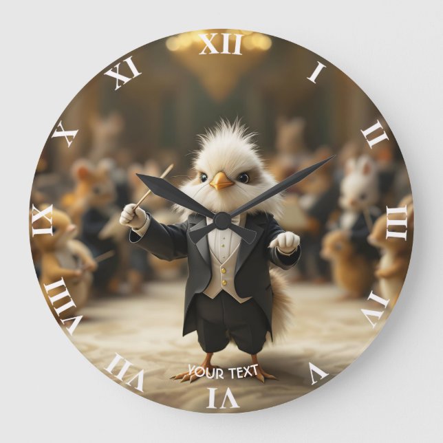 Fantasy Cute Bird Conducts Orchestra Large Clock (Front)