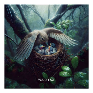 Fantasy Cute Bird Nest Rain Poster