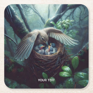 Fantasy Cute Bird Nest Rain Square Paper Coaster