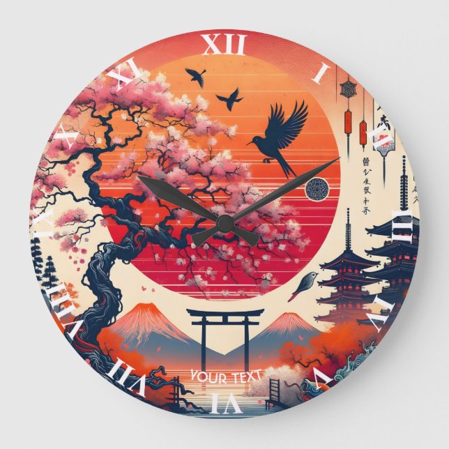 Fantasy Cute Bird Sakura Sun Large Clock (Front)