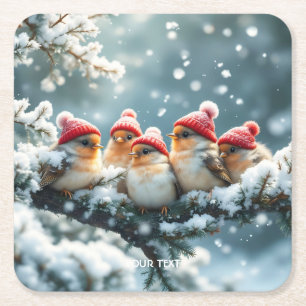 Fantasy Cute  Birds Hat Snow Square Paper Coaster