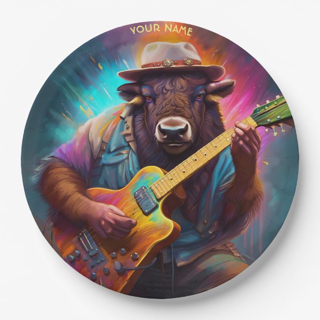 Fantasy Cute Bison Playing Guitar Paper Plate (Front)