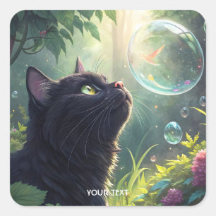 Fantasy Cute Black Cat Forest Square Sticker