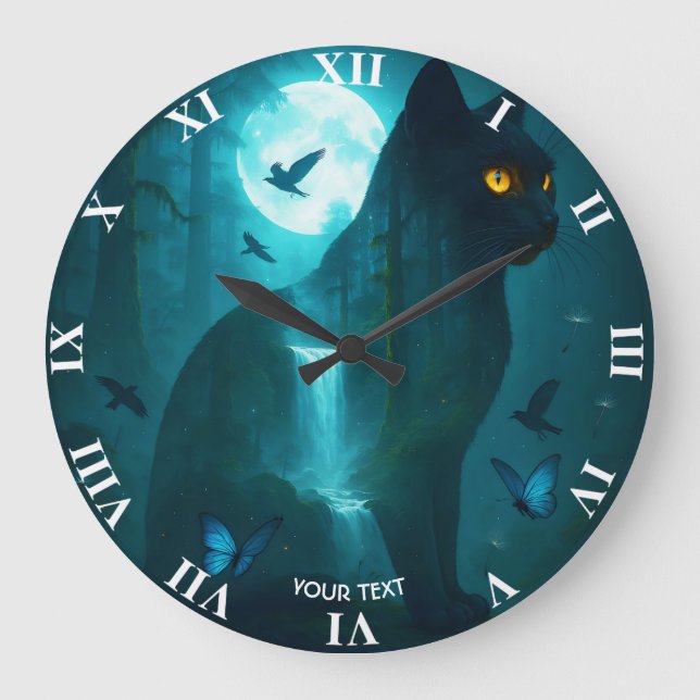 Fantasy Cute Black Surreal Cat Large Clock (Front)