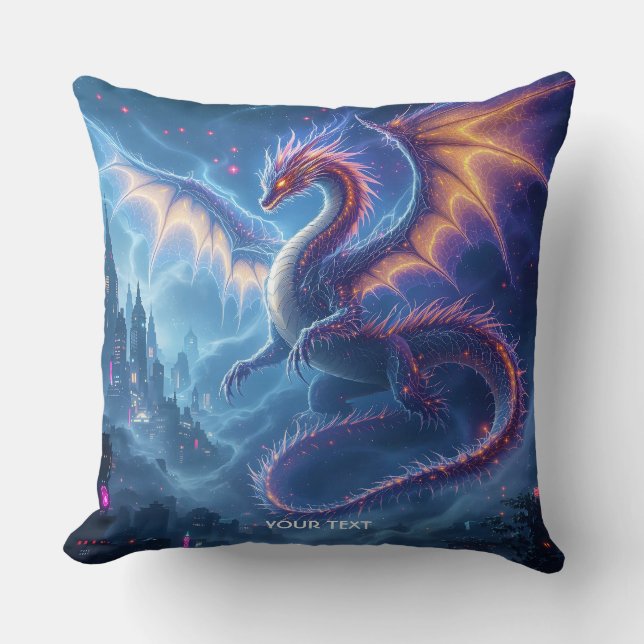 Fantasy Cute Blue Dragon City Cushion (Front)