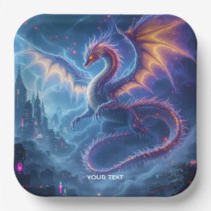 Fantasy Cute Blue Dragon City Paper Plate