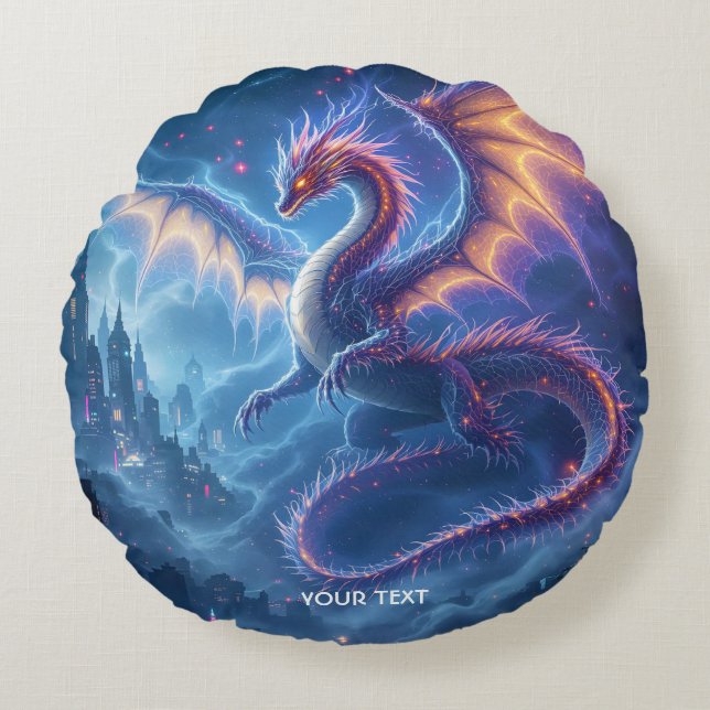 Fantasy Cute Blue Dragon City Round Cushion (Front)