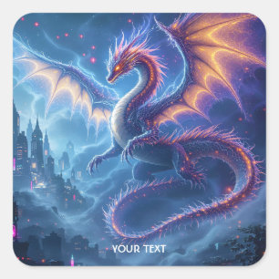 Fantasy Cute Blue Dragon City Square Sticker