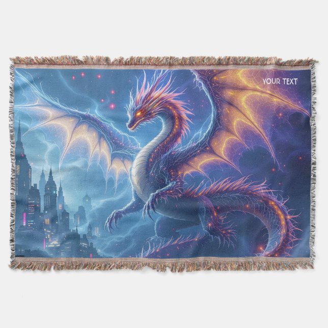 Fantasy Cute Blue Dragon City Throw Blanket (Front)