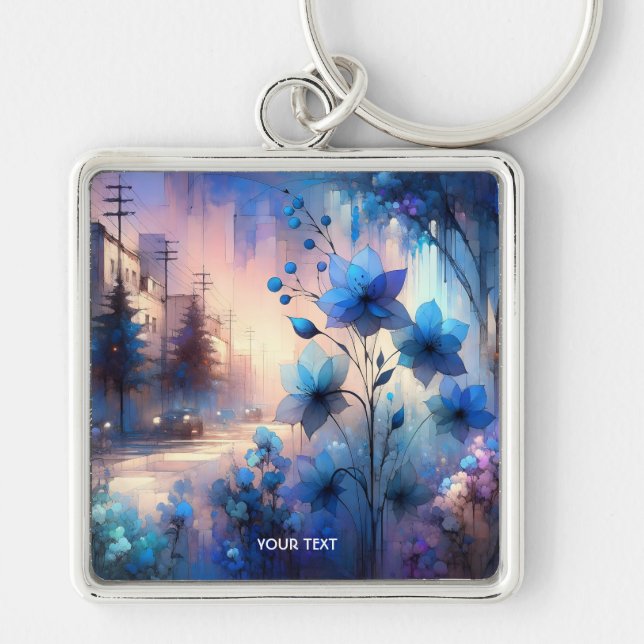 Fantasy Cute Blue Flowers City Key Ring (Front)