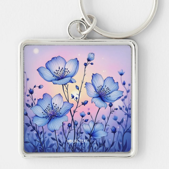 Fantasy Cute  Blue Flowers Field Key Ring (Front)