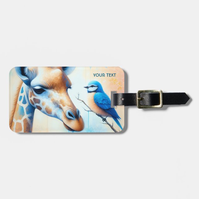 Fantasy Cute Blue Giraffe Bird Luggage Tag (Front Horizontal)