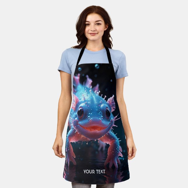 Fantasy Cute Blue Smiling Axolotl Apron (Worn)