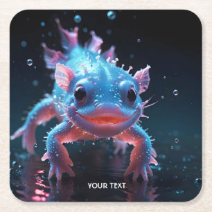 Fantasy Cute Blue Smiling Axolotl Square Paper Coaster