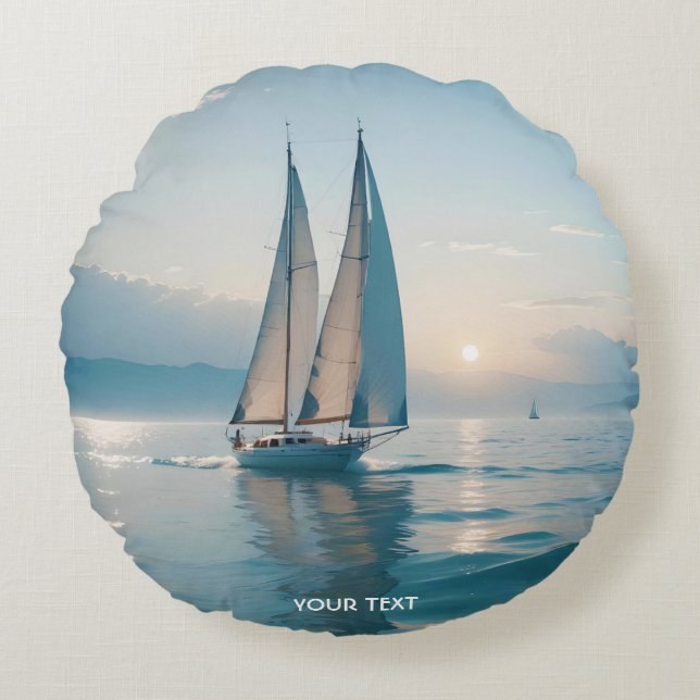 Fantasy Cute Boat Sea Sun Round Cushion (Front)