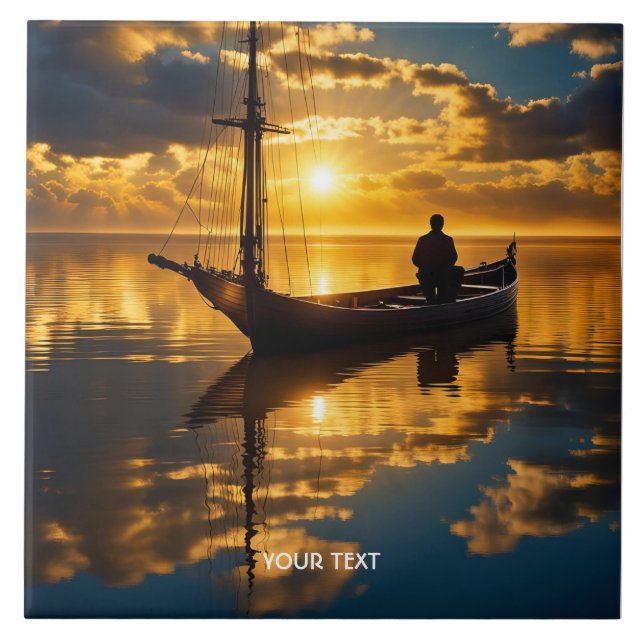 Fantasy Cute Boat Sunset Sea Tile (Front)
