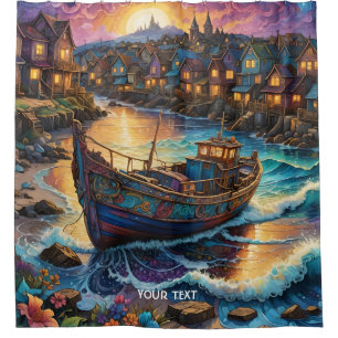 Fantasy Cute Boat Village Sunset Shower Curtain