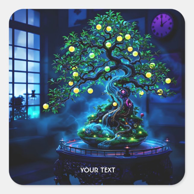 Fantasy Cute Bonsai Tree Lights Square Sticker (Front)