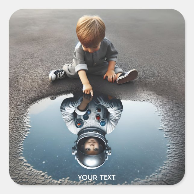 Fantasy Cute Boy Astronaut Reflection Square Sticker (Front)