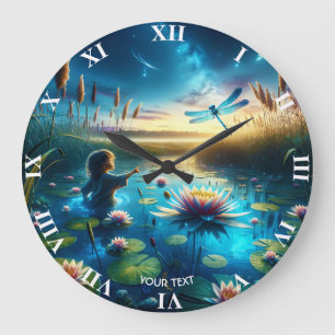 Fantasy Cute Boy Dragonfly Night Large Clock