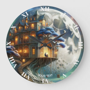 Fantasy Cute Boy Moon Library Large Clock