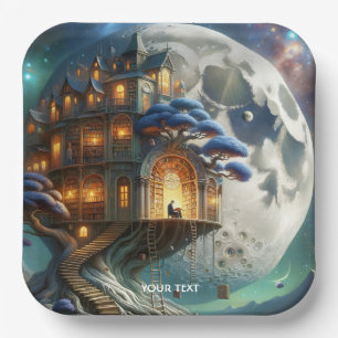 Fantasy Cute Boy Moon Library Paper Plate