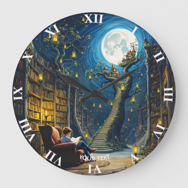 Fantasy Cute Boy Tree Library Large Clock (Front)
