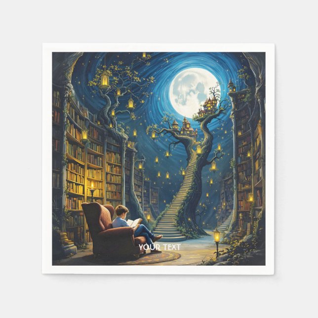 Fantasy Cute Boy Tree Library Napkin (Front)