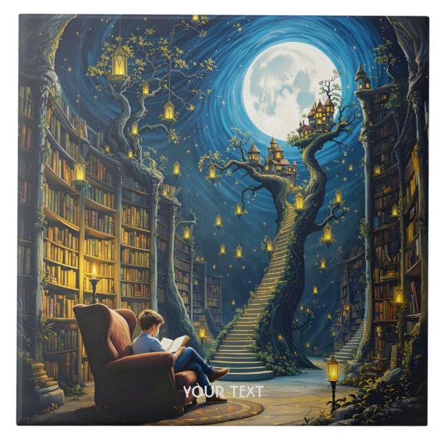 Fantasy Cute Boy Tree Library Tile (Front)