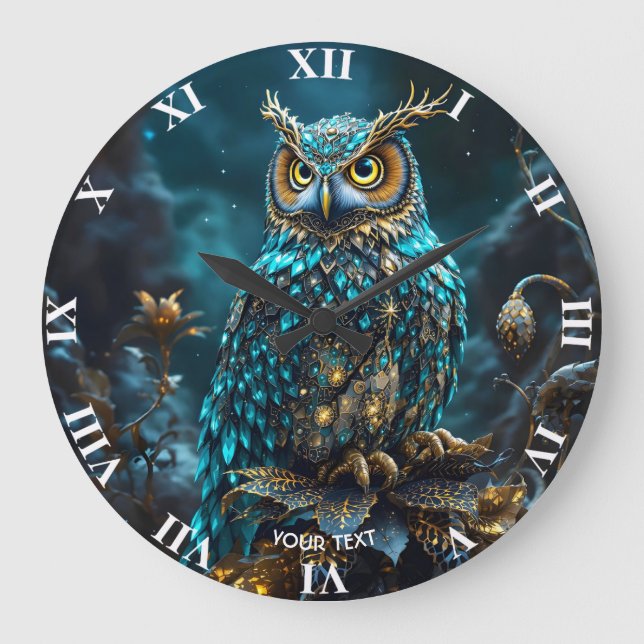 Fantasy Cute Brass Turquoise Owl Large Clock (Front)