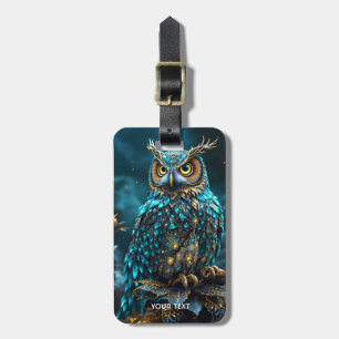 Fantasy Cute Brass Turquoise Owl Luggage Tag