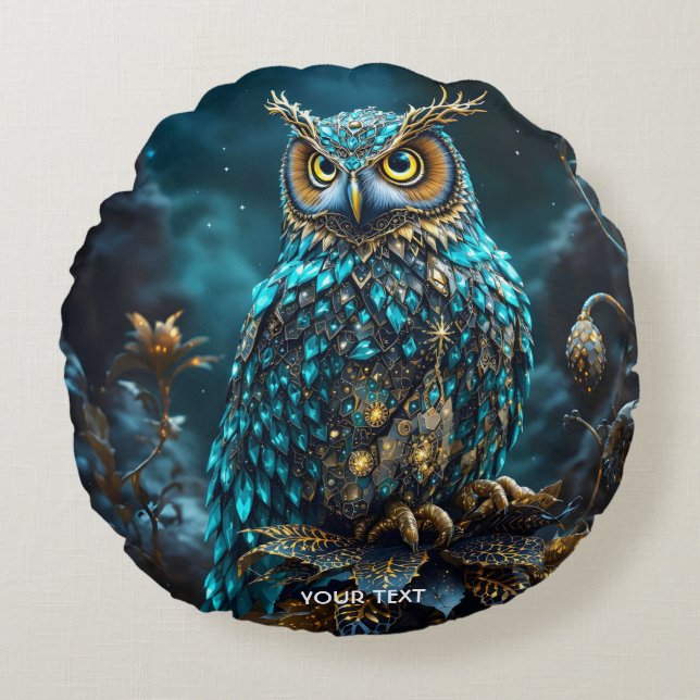Fantasy Cute Brass Turquoise Owl Round Cushion (Front)