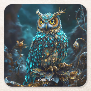 Fantasy Cute Brass Turquoise Owl Square Paper Coaster