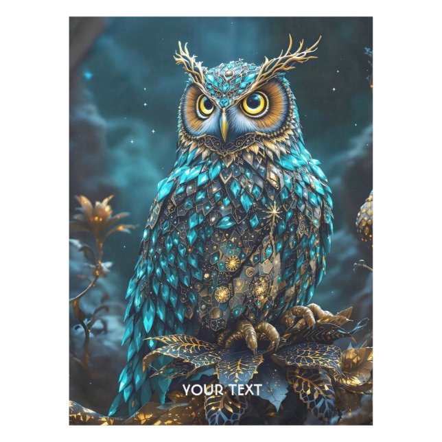 Fantasy Cute Brass Turquoise Owl Tablecloth (Front)