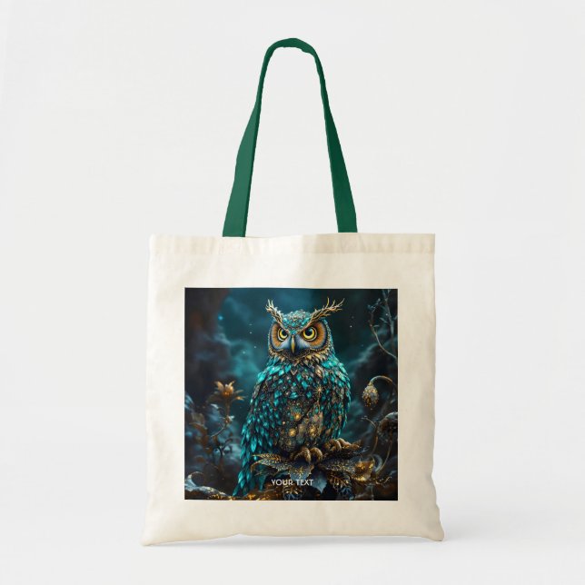 Fantasy Cute Brass Turquoise Owl Tote Bag (Front)