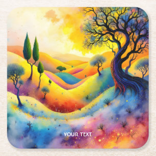 Fantasy Cute Bright Vibrant Landscape Square Paper Coaster