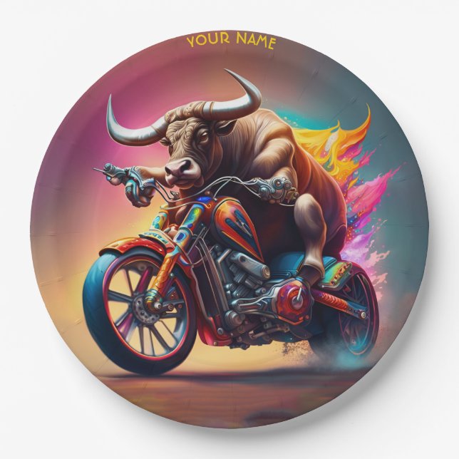 Fantasy Cute Bull Riding Bike Paper Plate (Front)