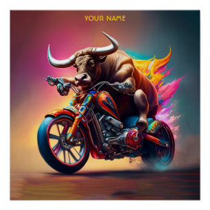 Fantasy Cute Bull Riding Bike Poster