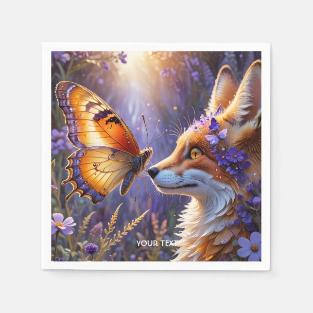 Fantasy Cute Butterfly Fox Flowers Napkin (Front)
