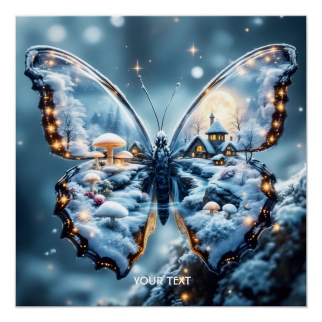 Fantasy Cute Butterfly Mushrooms Winter Poster (Front)