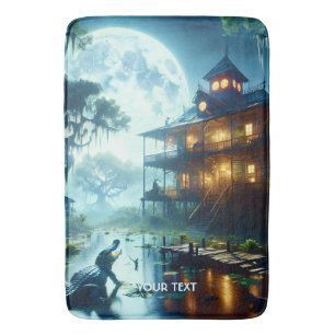Fantasy Cute Cabin Lake Crocodile Bath Mat