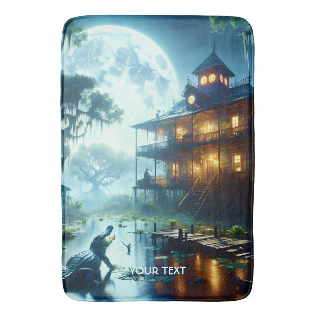 Fantasy Cute Cabin Lake Crocodile Bath Mat (Front Vertical)