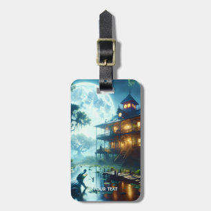 Fantasy Cute Cabin Lake Crocodile Luggage Tag