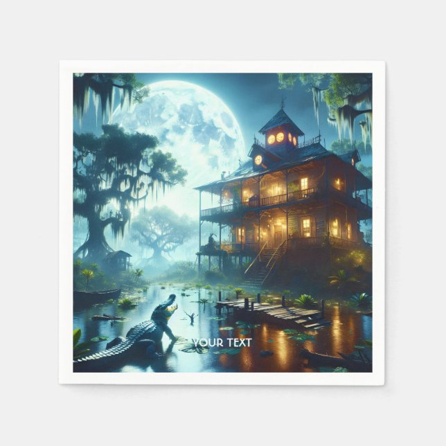 Fantasy Cute Cabin Lake Crocodile Napkin (Front)