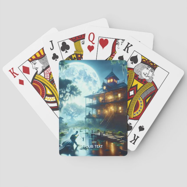 Fantasy Cute Cabin Lake Crocodile Playing Cards (Back)