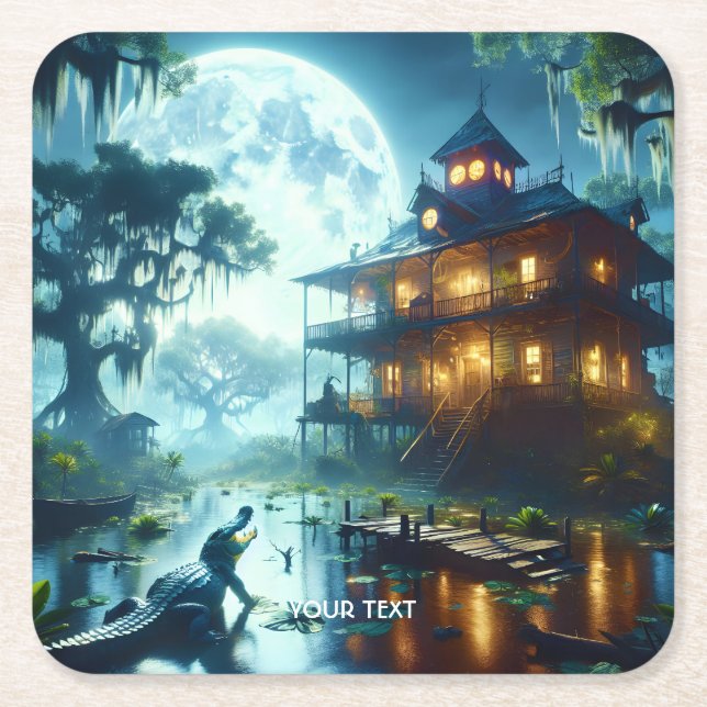 Fantasy Cute Cabin Lake Crocodile Square Paper Coaster (Front)