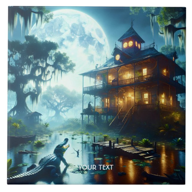 Fantasy Cute Cabin Lake Crocodile Tile (Front)