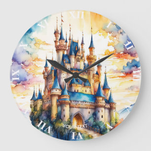 Fantasy Cute Castle Watercolor Forest Large Clock