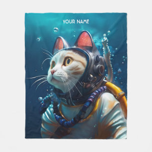 Fantasy Cute Cat Diver Diving Fleece Blanket