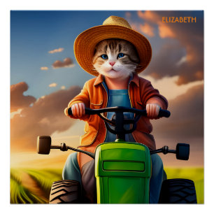 Fantasy Cute Cat Driving Tractor Poster